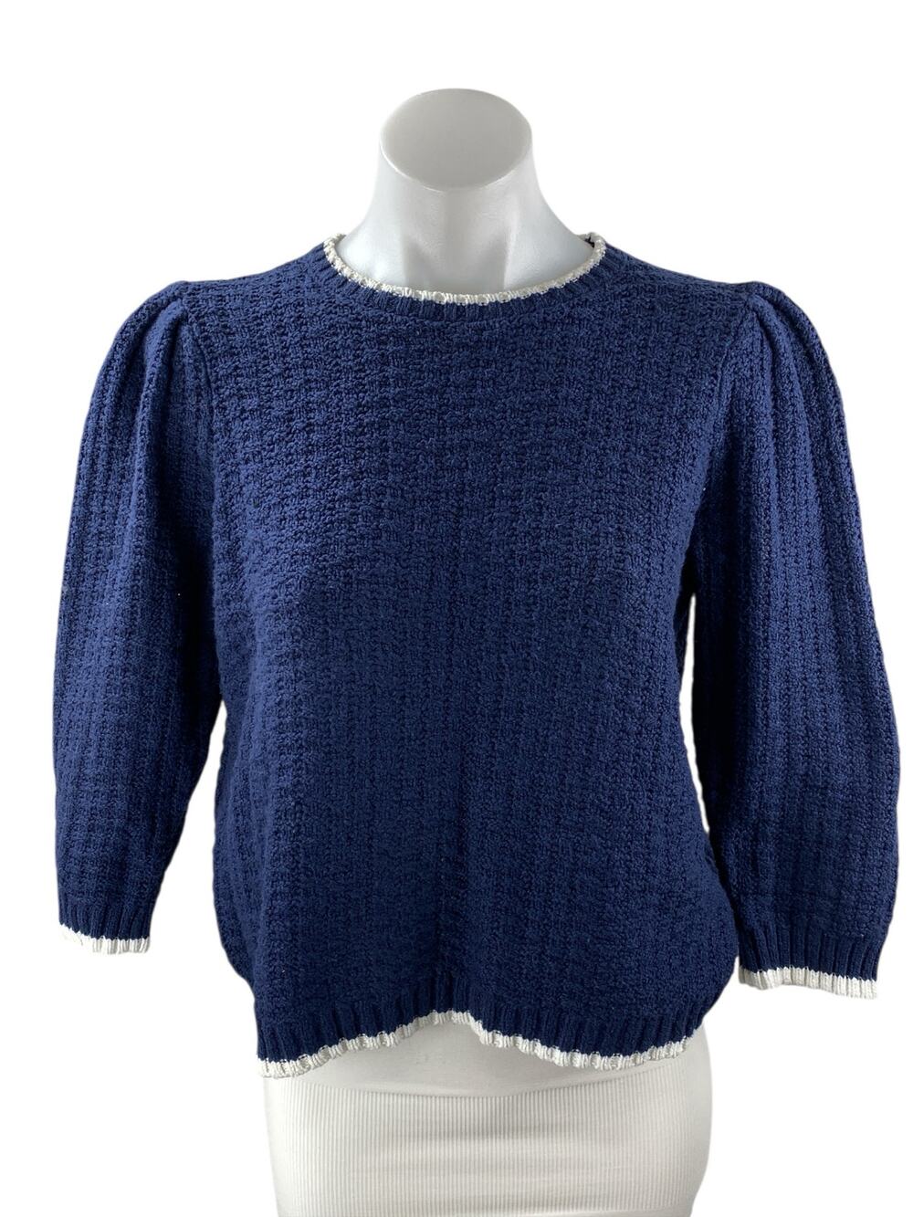 Michael Stars Navy Blue Waffle Knit Half Puff Sleeve Blouse Sweater Top Size M